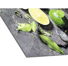 Dekorplatte mit Limetten, Blättern und Wassertropfen