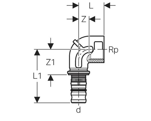 Übergangswinkel Geberit Mepla 90° 16x1/2" IG Technische Zeichnung eines Winkelstücks mit Maßangaben