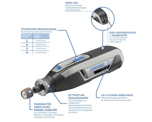 Dremel Lite Akku Multifunktionswerkzeug mit verschiedenen Funktionen und Zubehör