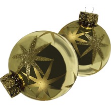 Zwei goldfarbene Christbaumkugeln mit Sternmotiven