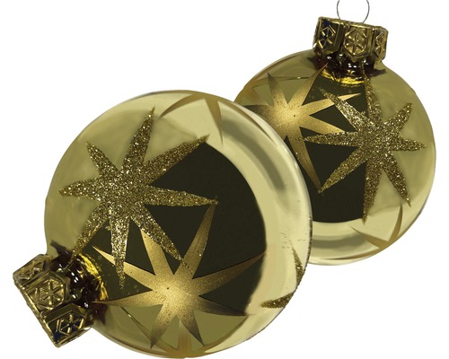 Zwei goldfarbene Christbaumkugeln mit Sternmotiven