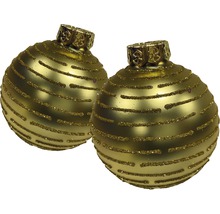 Zwei goldfarbene Weihnachtskugeln mit horizontalem Glitzerstreifenmuster