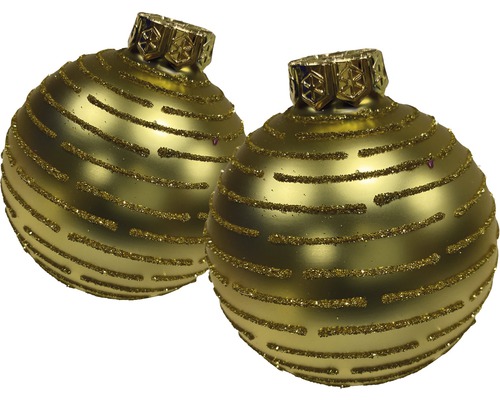 Zwei goldfarbene Weihnachtskugeln mit horizontalem Glitzerstreifenmuster