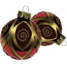 Zwei Christbaumkugeln mit spiralförmigen Ornamenten