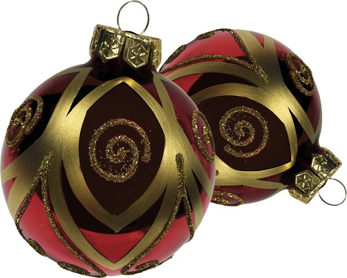 Zwei Christbaumkugeln mit spiralförmigen Ornamenten