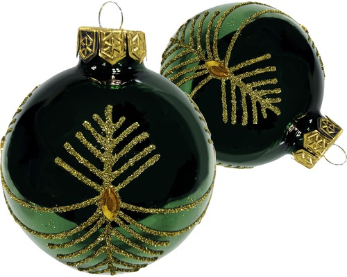 Zwei dunkelgrüne Weihnachtskugeln mit Baumdesign und Aufhängung