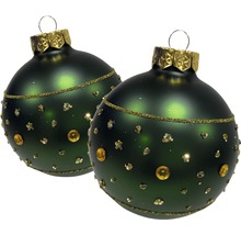 Zwei grüne Christbaumkugeln mit Schmuckelementen