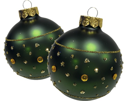 Zwei grüne Christbaumkugeln mit Schmuckelementen