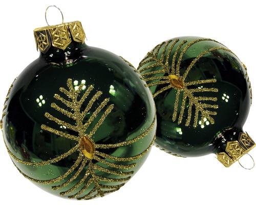 Zwei grüne Weihnachtskugeln mit goldenem Dekor