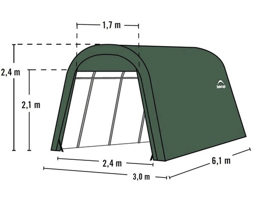 Abbildung eines ShelterLogic Lagerzelts mit Maßangaben
