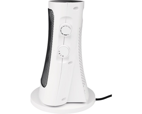 Weißer Heizlüfter mit runder Basis und Temperaturregler