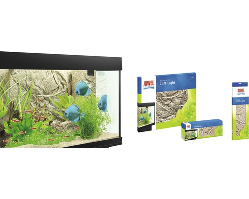 Aquarium mit Fischen, Pflanzen und Juwel Cliff Light Hintergrund sowie Produktverpackungen