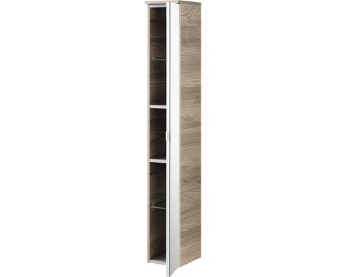 Offener Badezimmerschrank mit Holzmuster und Glasablagen