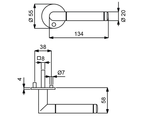 Technische Zeichnung eines Türdrückers mit Maßangaben