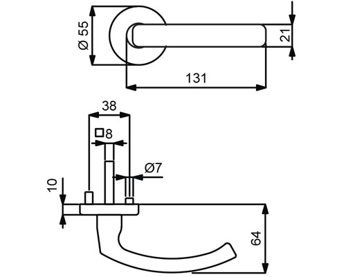Technische Zeichnung eines Türdrückers mit Maßangaben