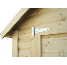 Detailansicht eines Holzschuppens mit T-Scharnier