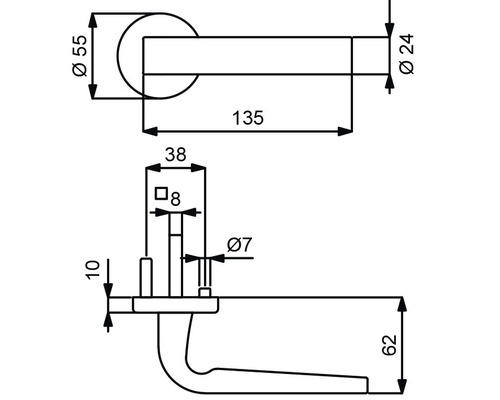Technische Zeichnung eines Türgriffs mit Maßangaben