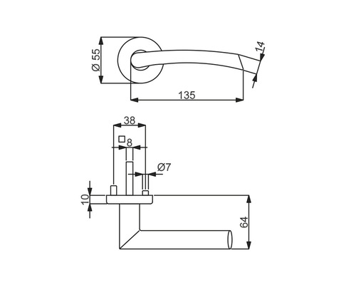 Technische Zeichnung eines Türgriffs mit Maßangaben