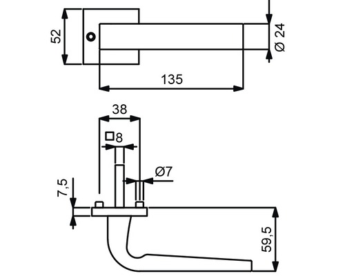 Technische Zeichnung eines Türdrückers mit Maßangaben