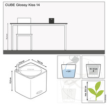 Technische Zeichnung des CUBE Glossy Kiss 14 Pflanzgefäßes mit Maßen und Bepflanzungshinweisen