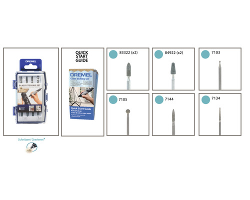 Dremel Glasätz-Set mit Schnellstartanleitung und verschiedenen Aufsätzen