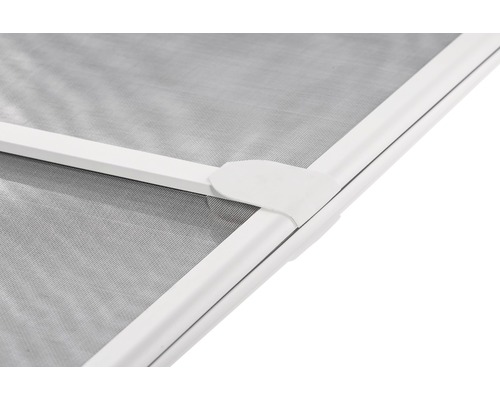 Detailansicht eines Insektenschutzgitters mit weißem Rahmen und Eckverbindung.