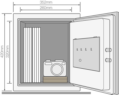 Illustration eines Tresors mit geöffneter Tür und Größenangaben.