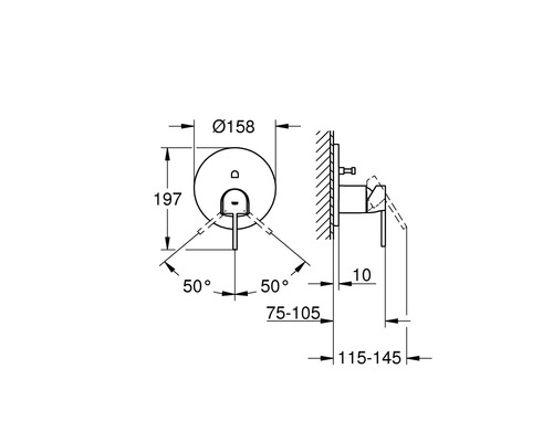 Technische Zeichnung einer Unterputz-Armatur mit Maßangaben