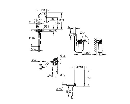 Technische Zeichnung eines Wasserhahns mit Abmessungen