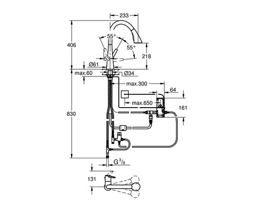 Technische Zeichnung einer Küchenarmatur mit Maßen