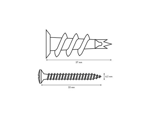 Illustration einer Gipskartondübel mit Schraube, Maße 37 mm und 35 mm