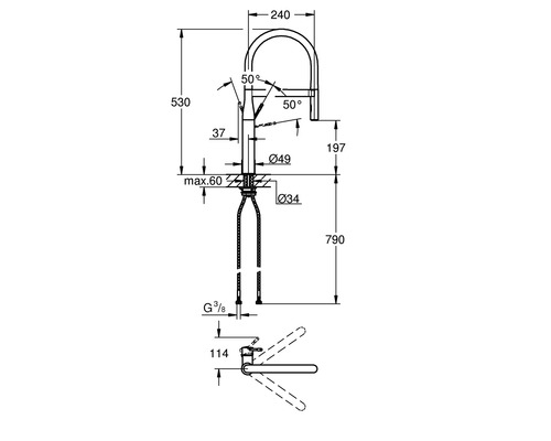 Technische Zeichnung einer Armatur mit Maßangaben