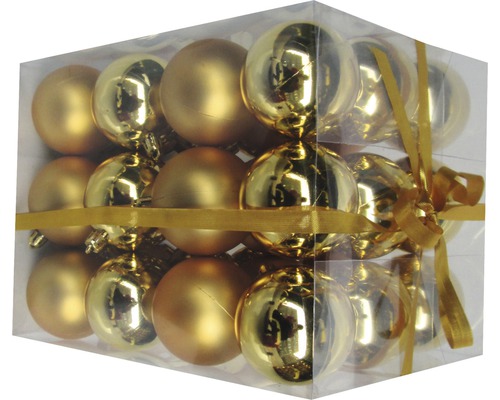 Verpackung goldfarbener Weihnachtskugeln mit Schleife