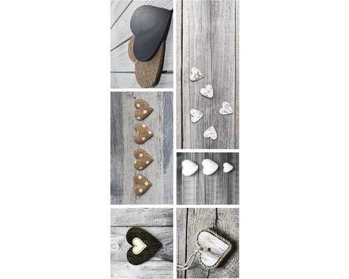 Collage verschiedener Dekoherzen auf Holzgrund