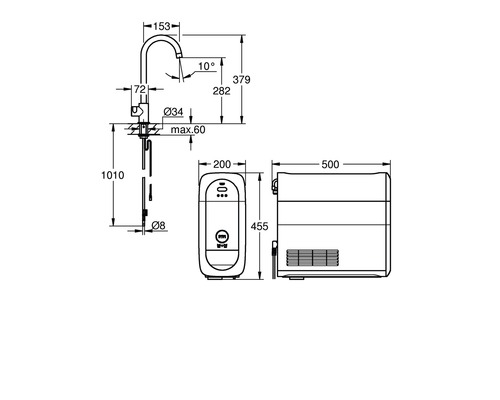 Maßzeichnung eines Wasserhahns mit Maßen und zugehörigem Gerät