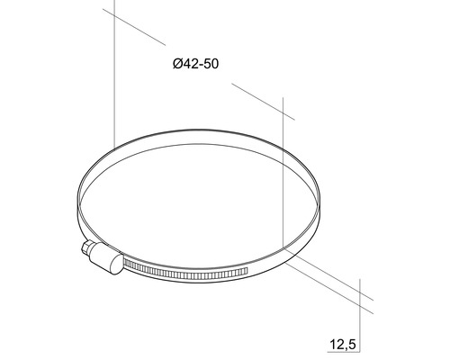 Schlauchschelle mit Durchmesserangaben von 42 bis 50 Millimeter und einer Breite von 12,5 Millimeter.