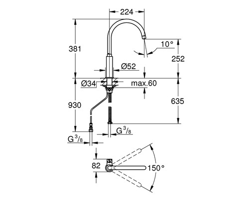Technische Zeichnung einer Armatur mit Maßangaben.