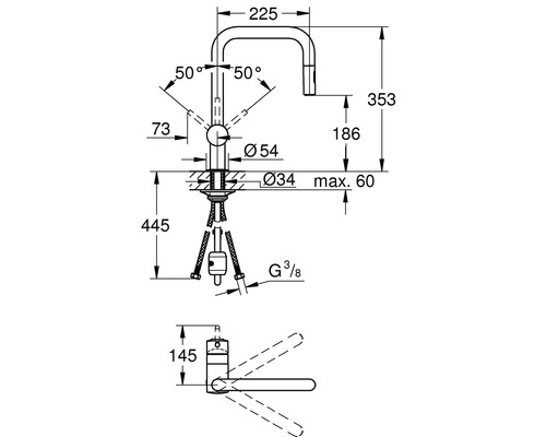 Technische Zeichnung einer Küchenarmatur mit Maßen