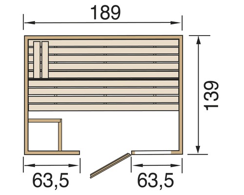 Grundriss einer Sauna mit den Maßen 189 x 139 x 63,5 cm