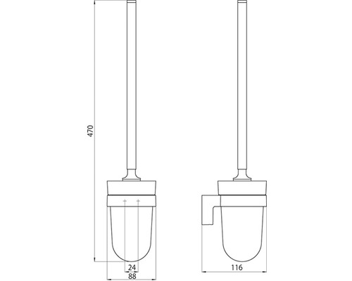 Skizze einer Toilettenbürste mit Halterung und Maßangaben