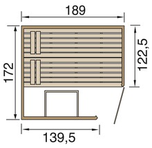 Technische Zeichnung einer Sauna mit den Maßen 189 x 172 x 122,5 x 139,5 Zentimeter.
