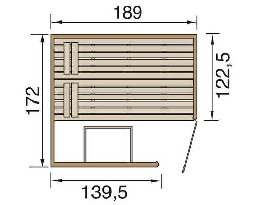Technische Zeichnung einer Sauna mit den Maßen 189 x 172 x 122,5 x 139,5 Zentimeter.