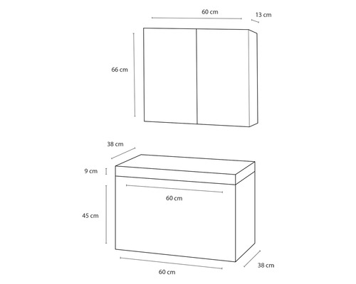 Technische Zeichnung eines Waschtischunterschranks und Spiegelschranks mit Maßangaben