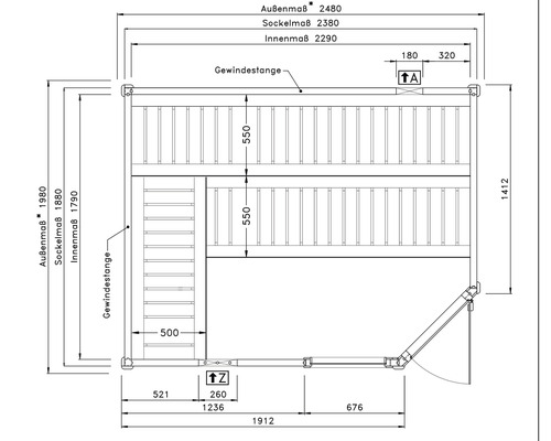 Technische Zeichnung eines Gerätehauses mit Maßangaben.