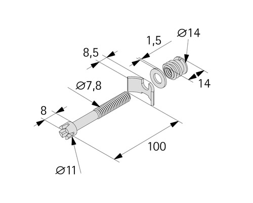 Technische Zeichnung von Schraube mit Zubehör und Maßangaben