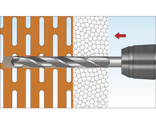 Bohrer bohrt durch Lochziegel und Porenbeton