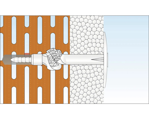 Illustration einer Dübelbefestigung in einer Lochfassade mit Wärmedämmung