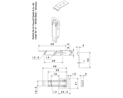 Technische Zeichnung eines Kniehebelverschlusses mit Maßangaben