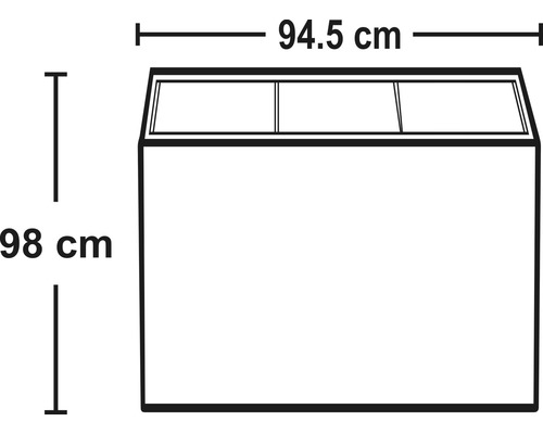 Produktzeichnung einer Gefriertruhe mit den Maßen 94,5 cm Breite und 98 cm Höhe