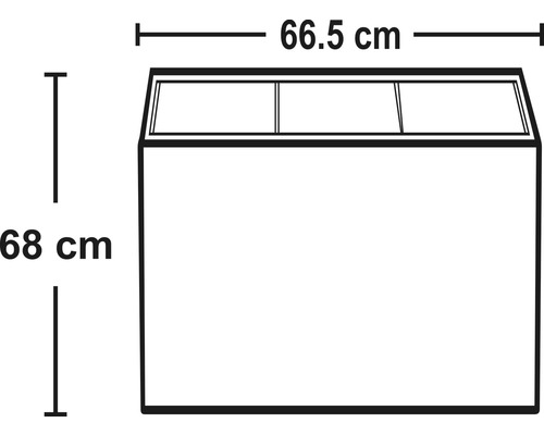 Skizze einer Gefriertruhe mit den Maßen 66,5 cm Breite und 68 cm Höhe